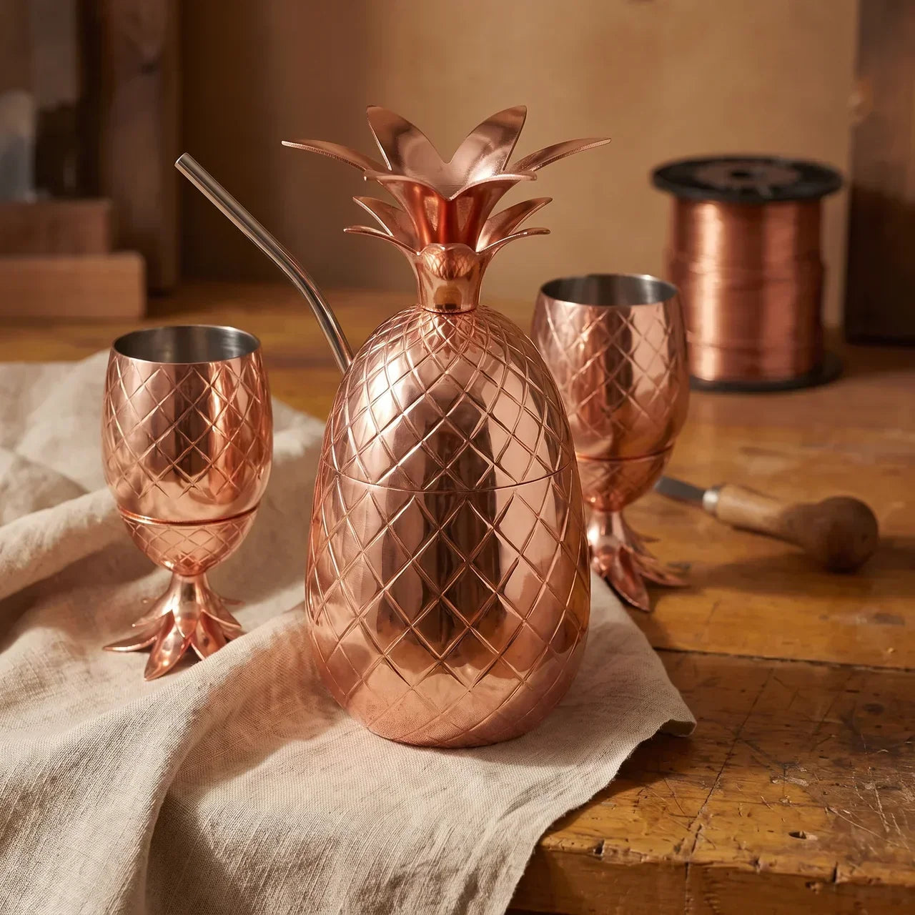 Juego de Vasos de Piña de Cobre Martillado