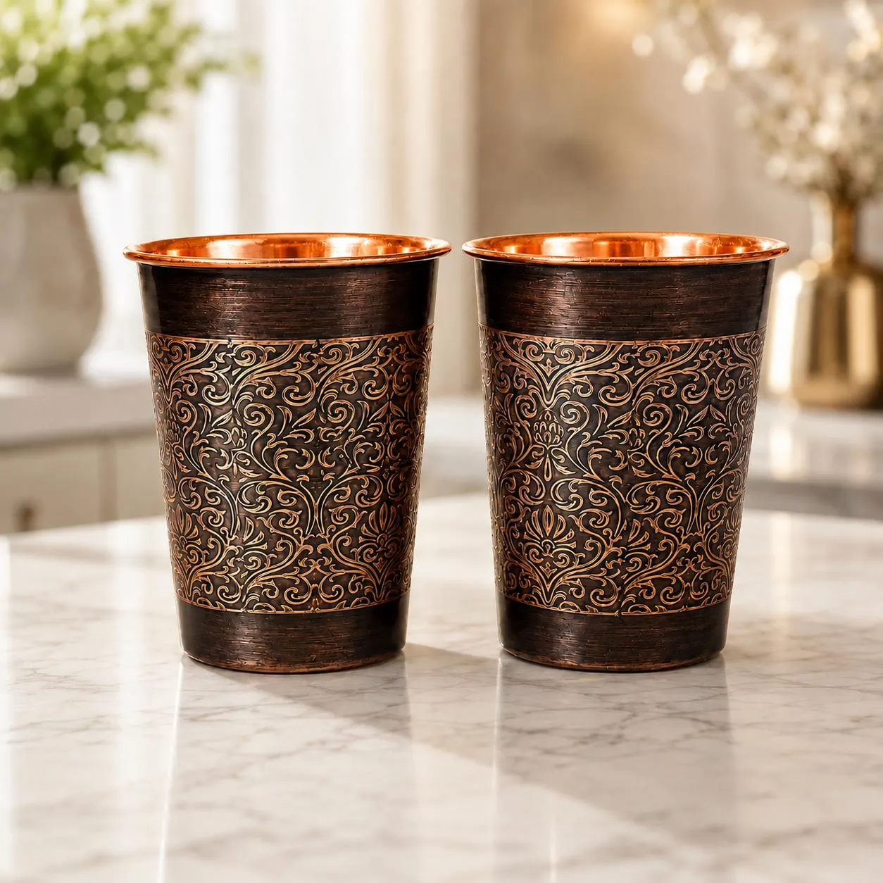 Juego de 2 Vasos de Cobre con Diseño Floral