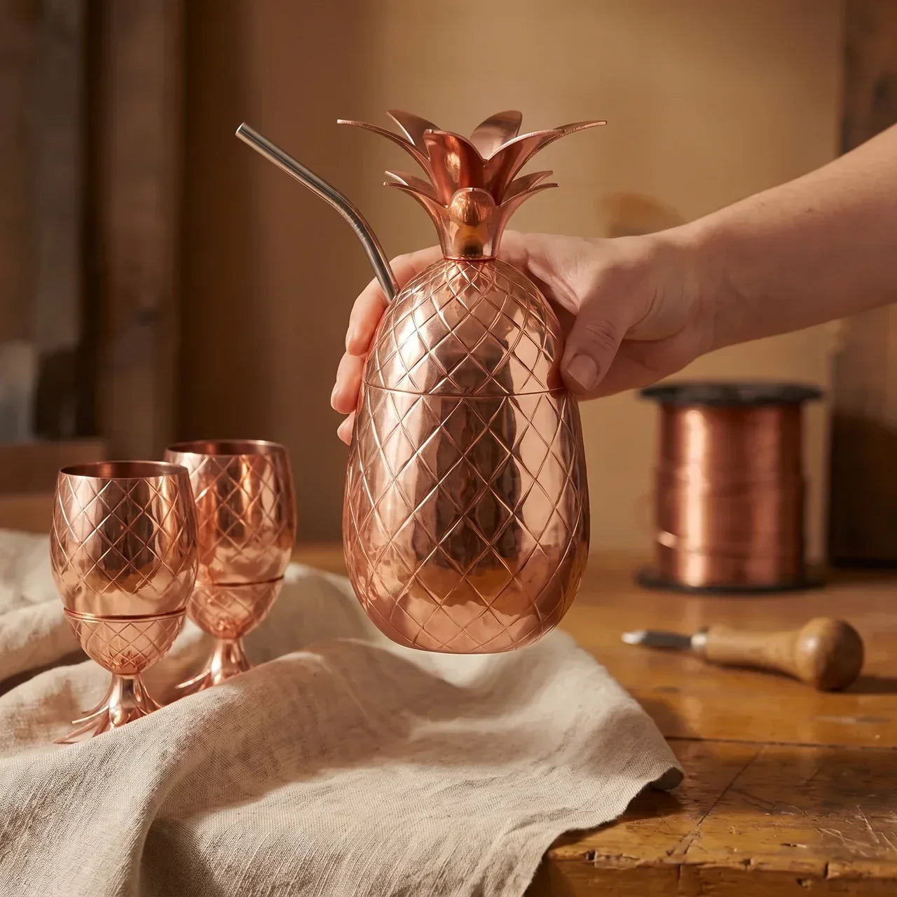 Juego de Vasos de Piña de Cobre Martillado